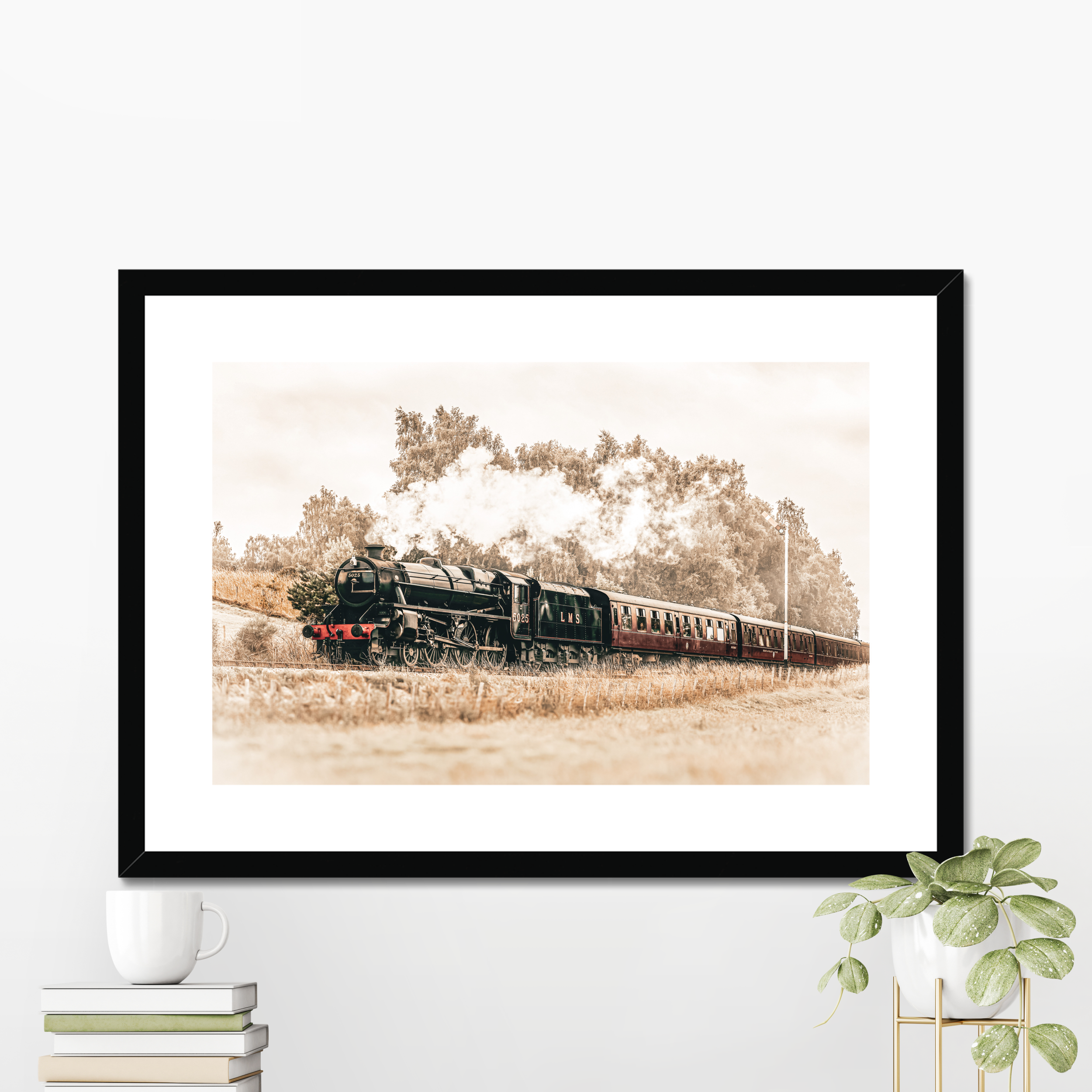 Aviemore steam train framed Scottish Highlands railway photography wall art displayed in modern interior