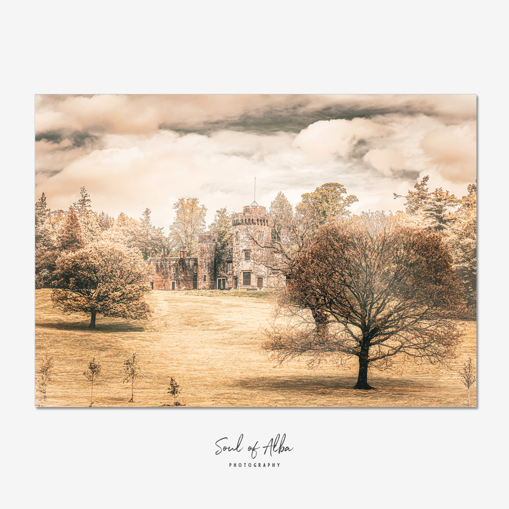 Balloch Castle framed by autumn trees in Balloch Castle Country Park, Loch Lomond, Scotland – fine art giclée print by Soul of Alba Photography