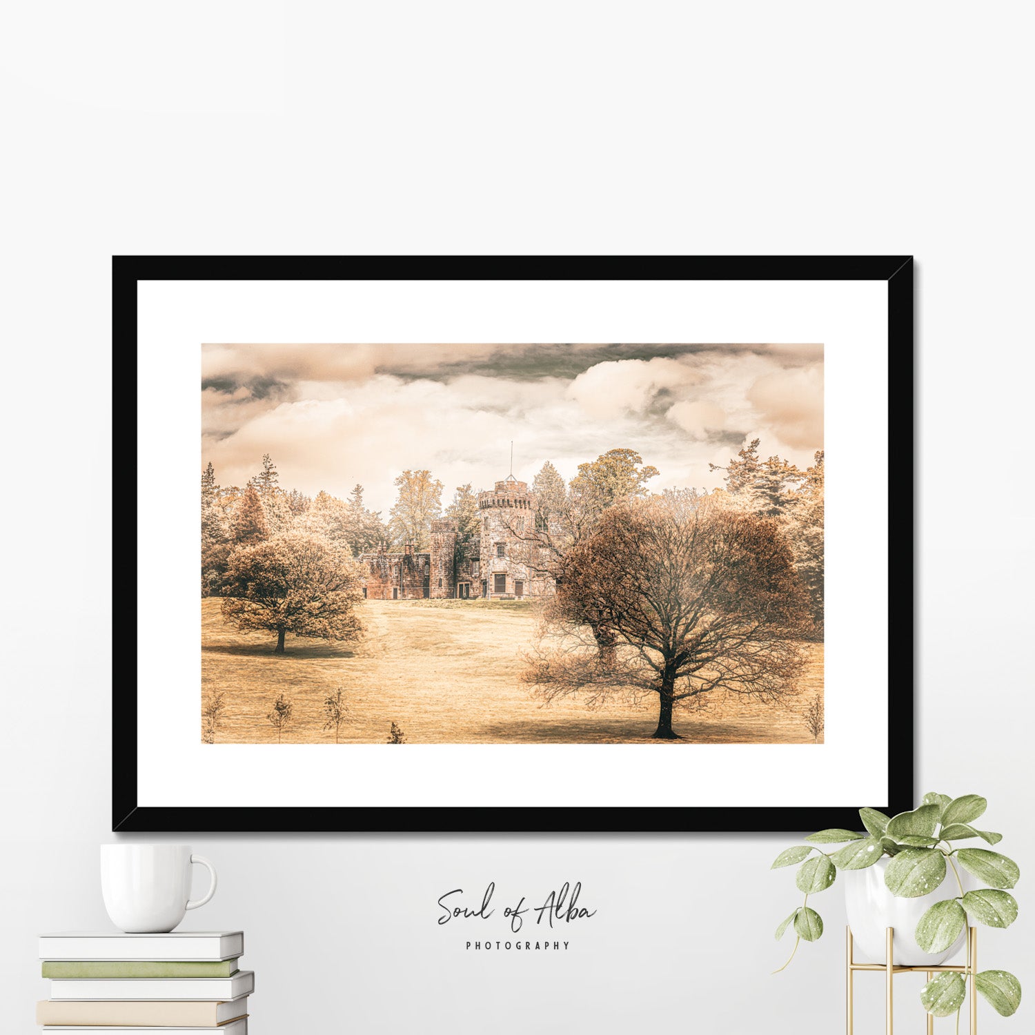 Balloch Castle surrounded by mature parkland trees in warm autumn light, Loch Lomond, Scotland – Scottish heritage landscape print