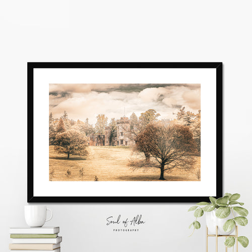 Balloch Castle surrounded by mature parkland trees in warm autumn light, Loch Lomond, Scotland – Scottish heritage landscape print