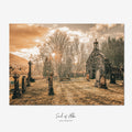 Fine art photograph of historic Balquhidder Kirk in Perthshire, Scotland, with ancient gravestones, stone chapel and warm Highland sunrise.