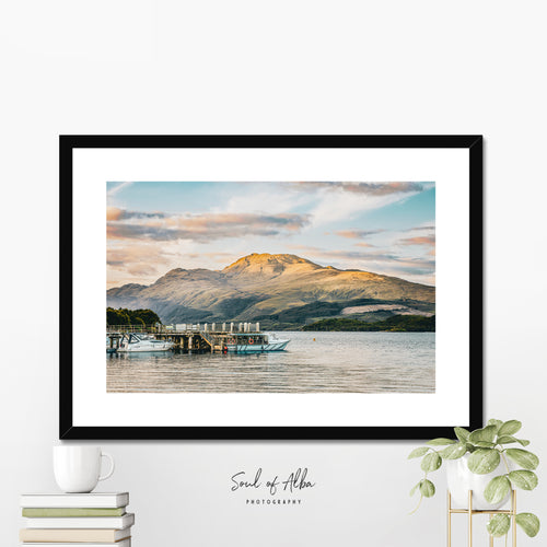 Ben Lomond and Luss Pier fine art print displayed as Scottish landscape wall art in a modern interior setting.