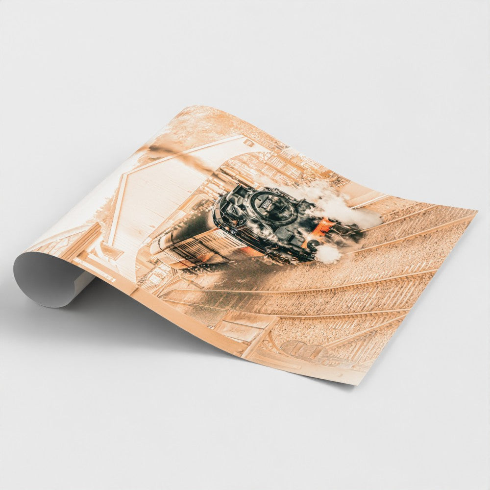 Rolled print with a vintage train design on a light gray background