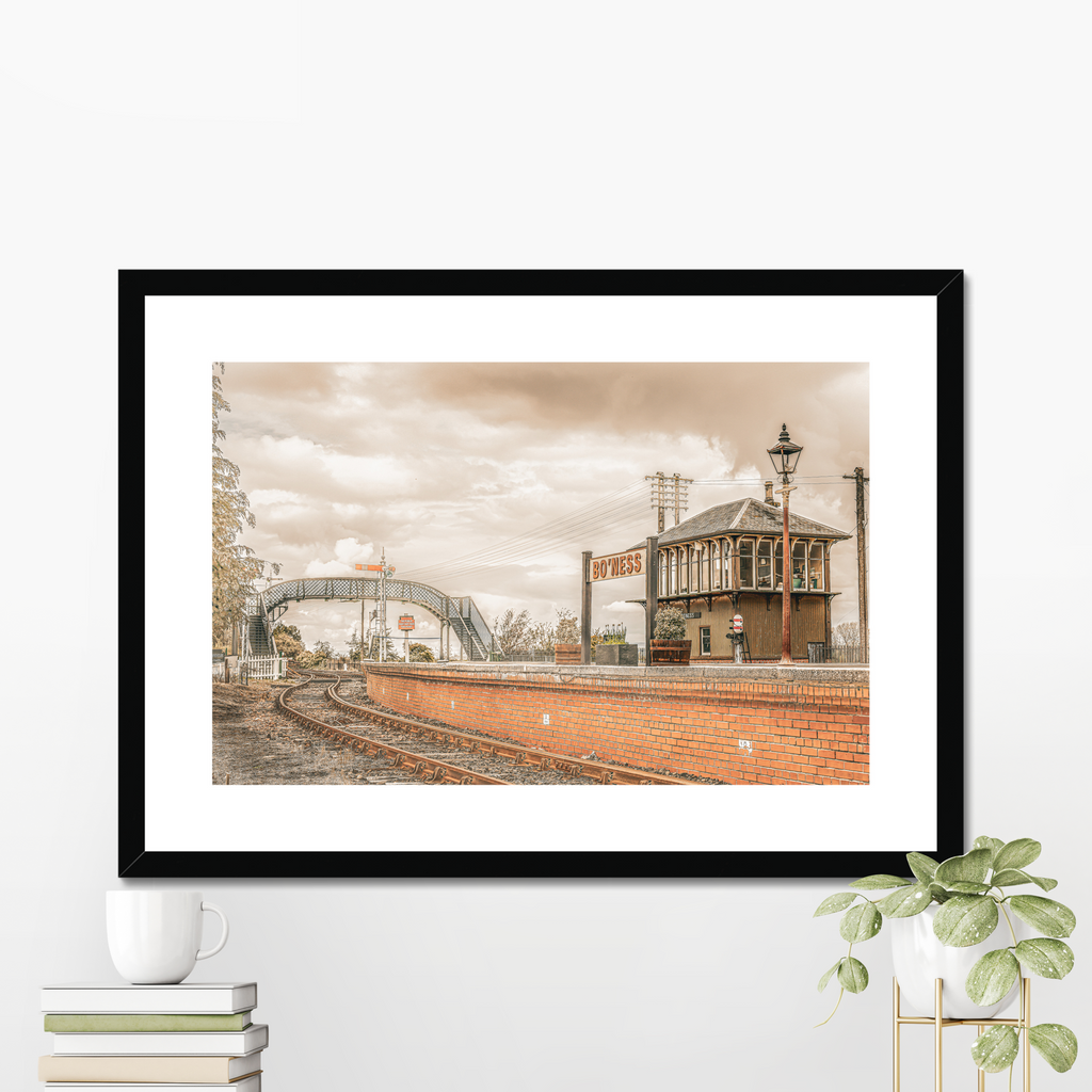 Framed fine art photography print of the Bo’ness and Kinneil Railway station, styled in a modern black frame for home decor.