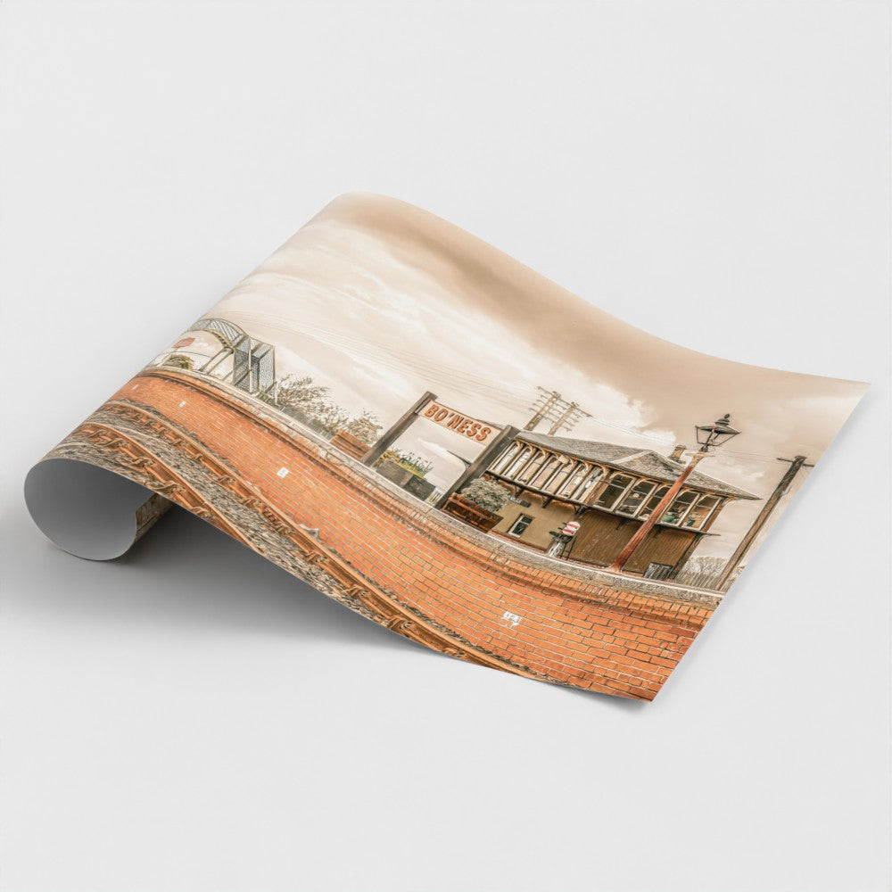 Close-up of the premium matte paper finish for The Golden Age Bo’ness Train Station print, showing high-quality textural details and sepia tones.