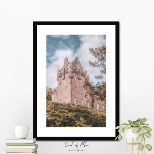Portrait fine art print of Brodick Castle displayed as Scottish wall art in a contemporary interior.