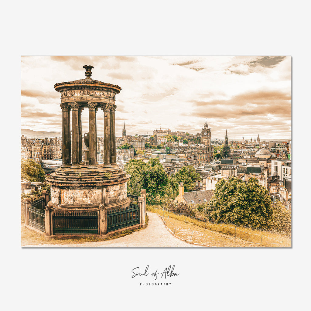 Fine art giclée print of Edinburgh from Calton Hill, featuring the Dugald Stewart Monument with the city skyline beyond, Scotland