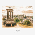 Fine art giclée print of Edinburgh from Calton Hill, featuring the Dugald Stewart Monument with the city skyline beyond, Scotland