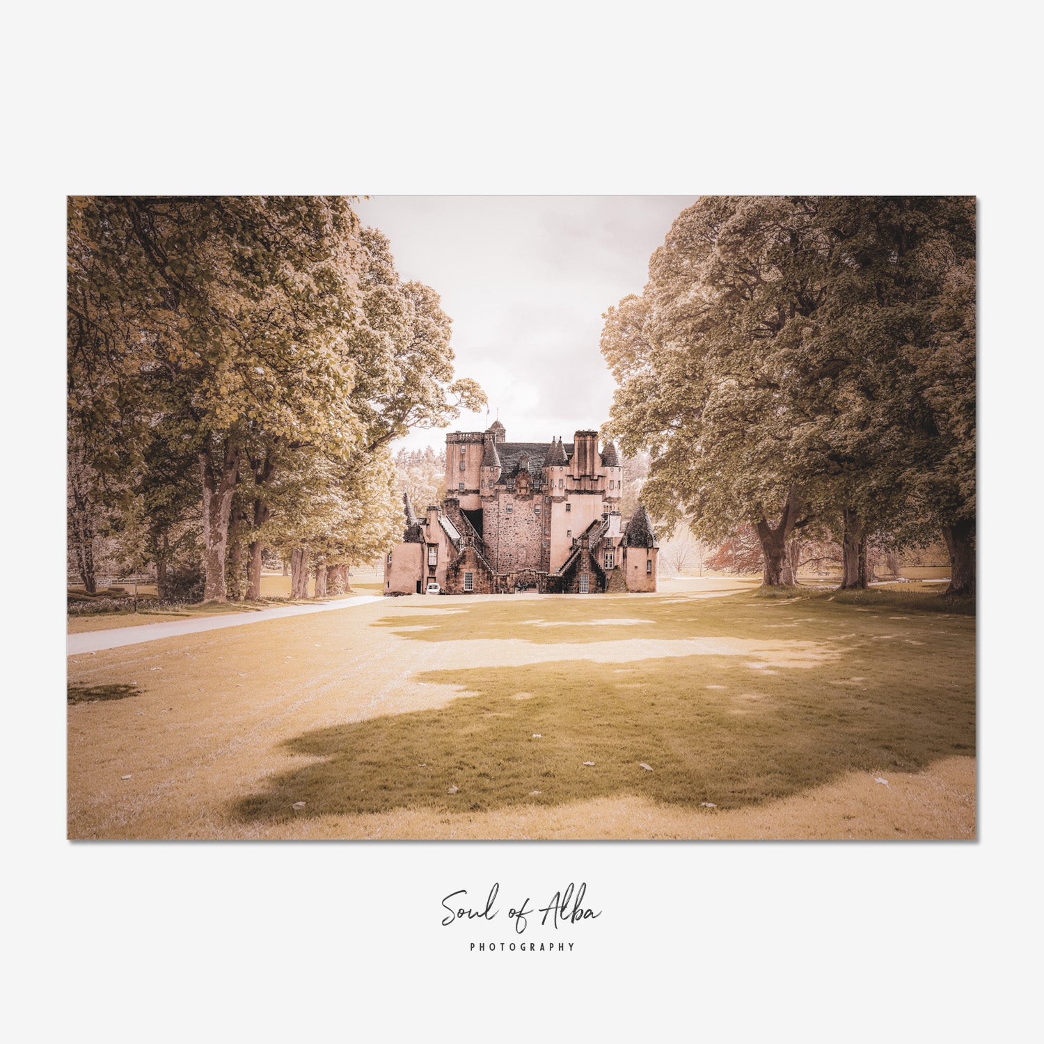 Fine art photograph of Castle Fraser in Aberdeenshire, Scotland, viewed along a tree-lined avenue leading to the historic Scottish castle.