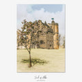 Fine art print of Castle Fraser in Aberdeenshire, Scotland, framed by a blossoming tree with historic Scottish baronial architecture and turrets.