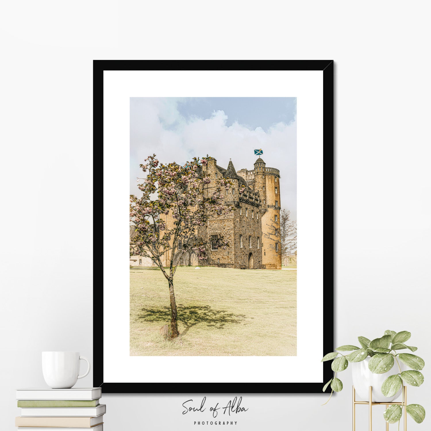 Framed print of Castle Fraser in Aberdeenshire, Scotland, framed by a blossoming tree with historic Scottish baronial architecture and turrets.