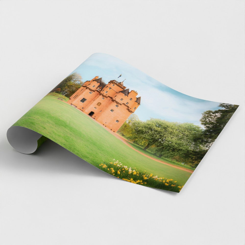 Canvas print featuring Craigievar Castle in Aberdeenshire with its iconic pink façade and surrounding gardens.