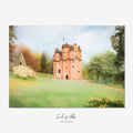 Fine art photograph of Craigievar Castle in Aberdeenshire with pink towers, spring daffodils and landscaped grounds.