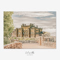 Fine art photograph of Culzean Castle in Ayrshire, Scotland, viewed from the historic entrance bridge with sandstone walls and dramatic skies.