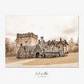 Fine art print of the Historic Drum Castle in Aberdeenshire, Scotland, featuring its medieval tower house, stone entrance archway, and traditional Scottish architecture.