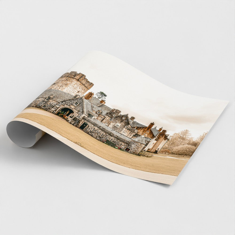 Rolled print of the Historic Drum Castle in Aberdeenshire, Scotland, featuring its medieval tower house, stone entrance archway, and traditional Scottish architecture.