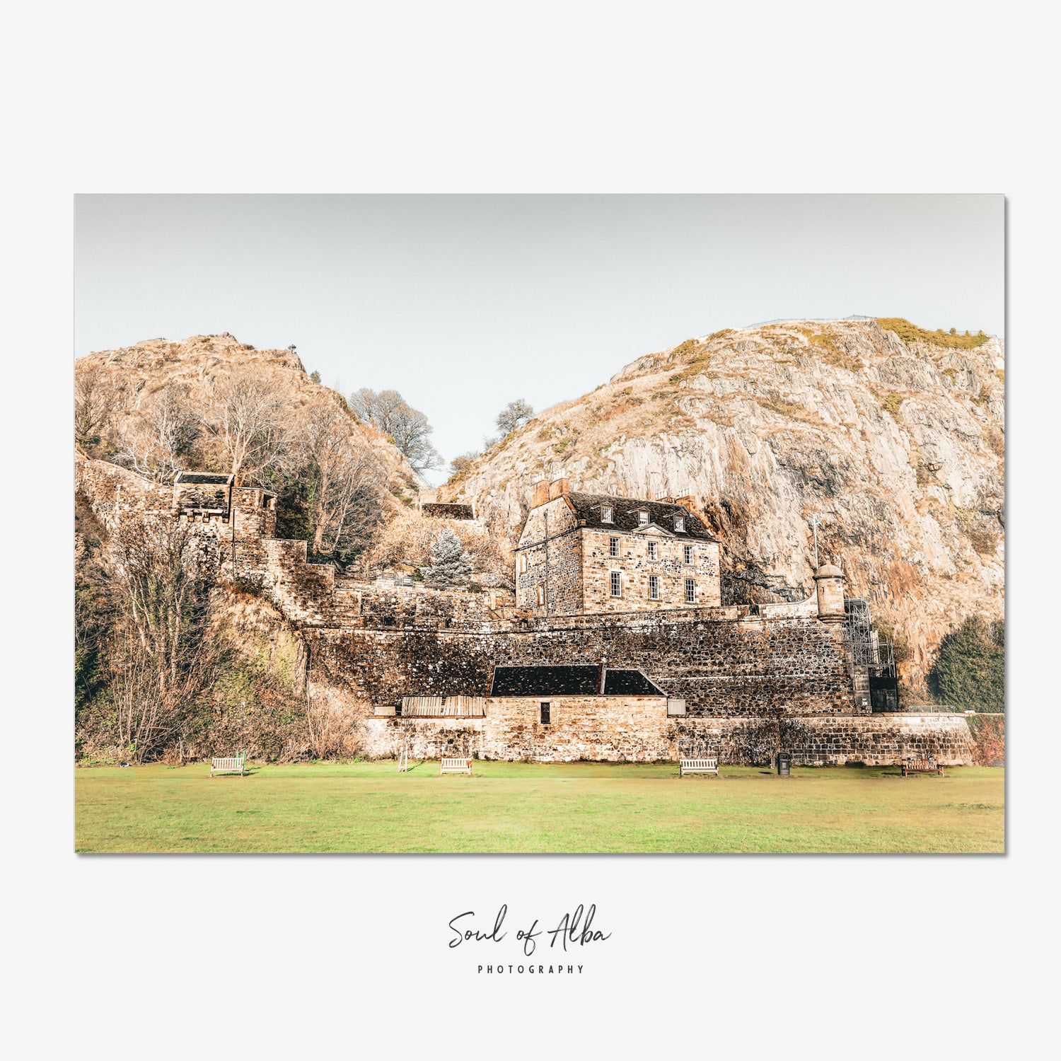 Dumbarton Castle built against the dramatic volcanic rock of Dumbarton Rock in West Dunbartonshire, Scotland.