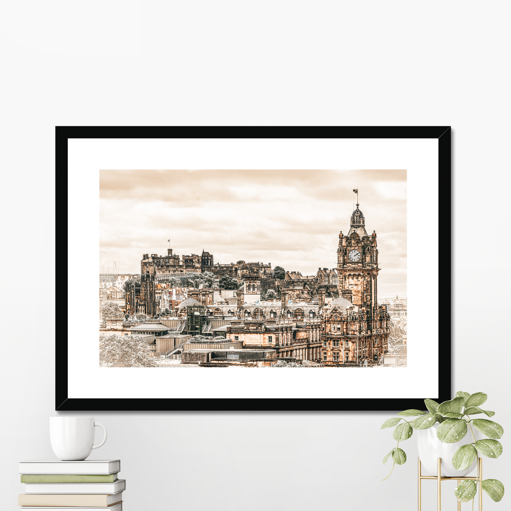 Framed Edinburgh skyline wall art from Calton Hill displayed in modern interior