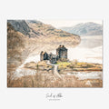 Fine art photograph of Eilean Donan Castle overlooking Loch Duich with the Scottish Highlands reflected in calm water.