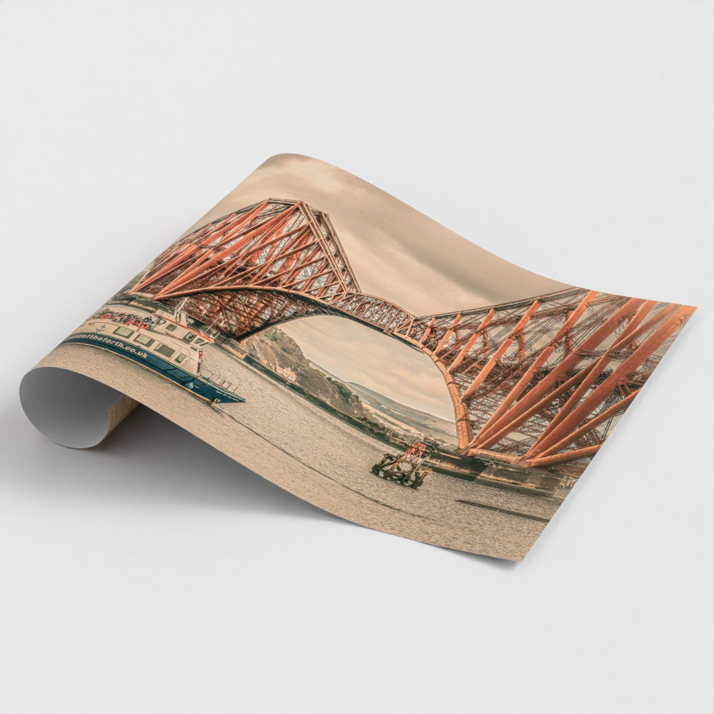 Rolled Print of the Firth of Forth in Scotland with a passenger boat passing beneath its steel cantilever structure.