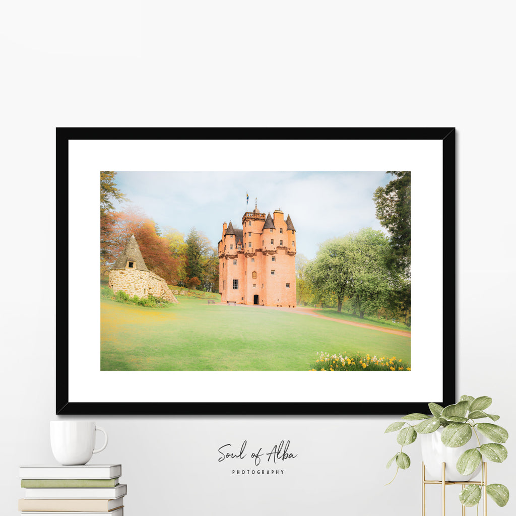 Framed fine art print of Craigievar Castle displayed in a modern interior.