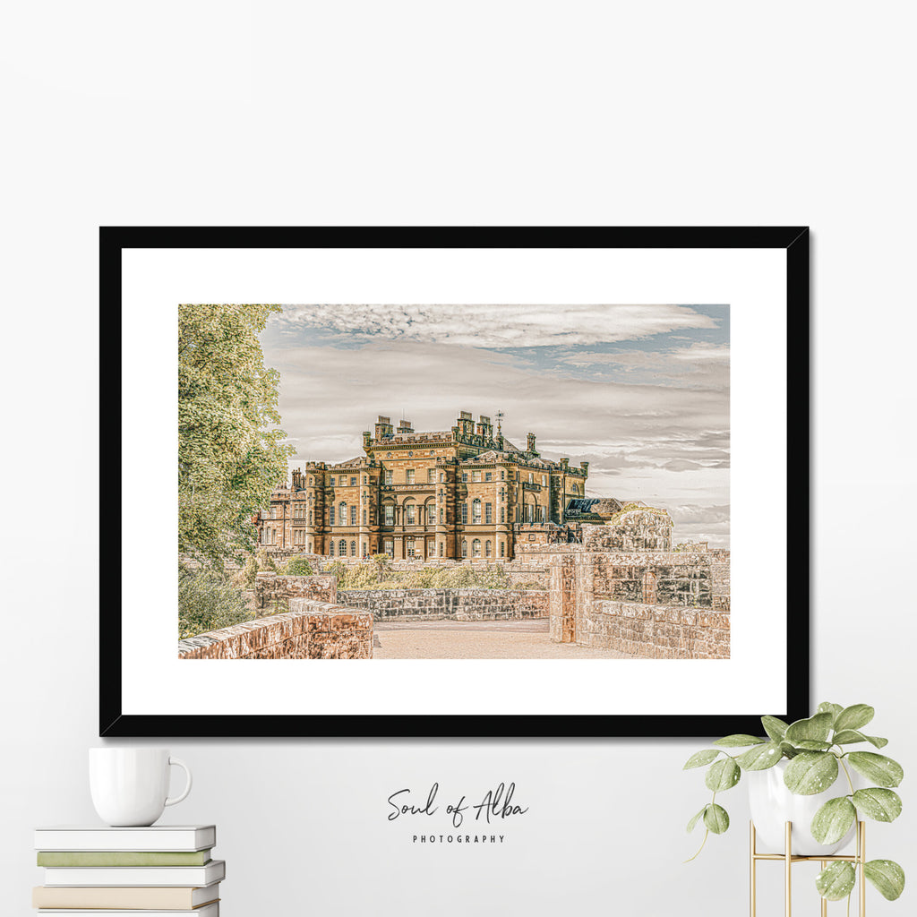 Framed fine art print of Culzean Castle in Ayrshire displayed in a modern interior, showcasing the castle viewed from the entrance bridge.