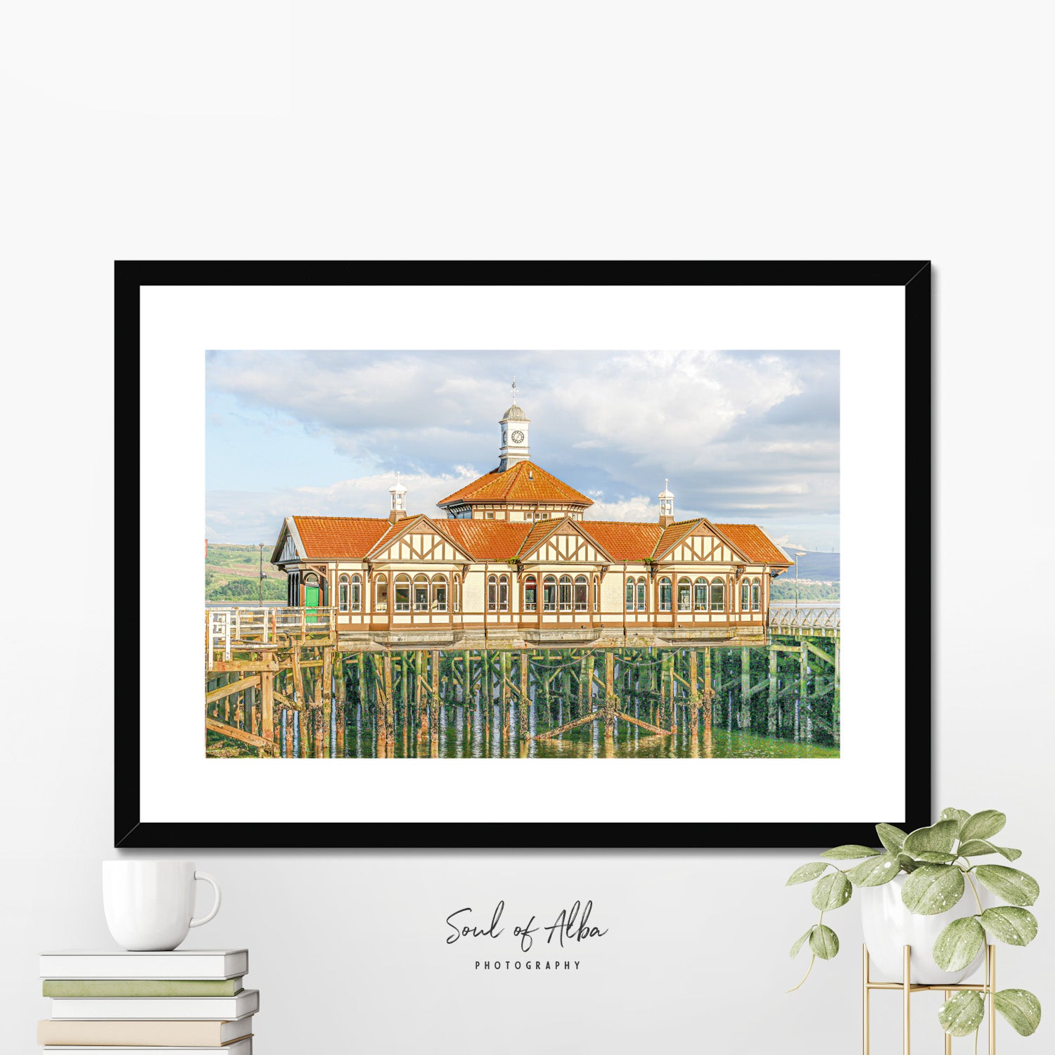 Framed fine art print of Dunoon Pier displayed in a contemporary home setting.