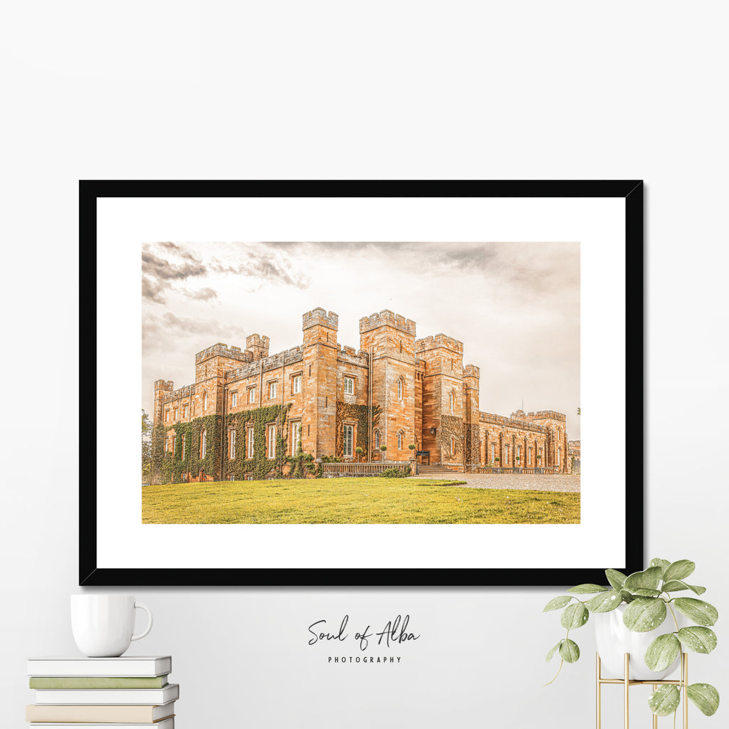 Framed fine art print of Scone Palace displayed in a contemporary home setting.