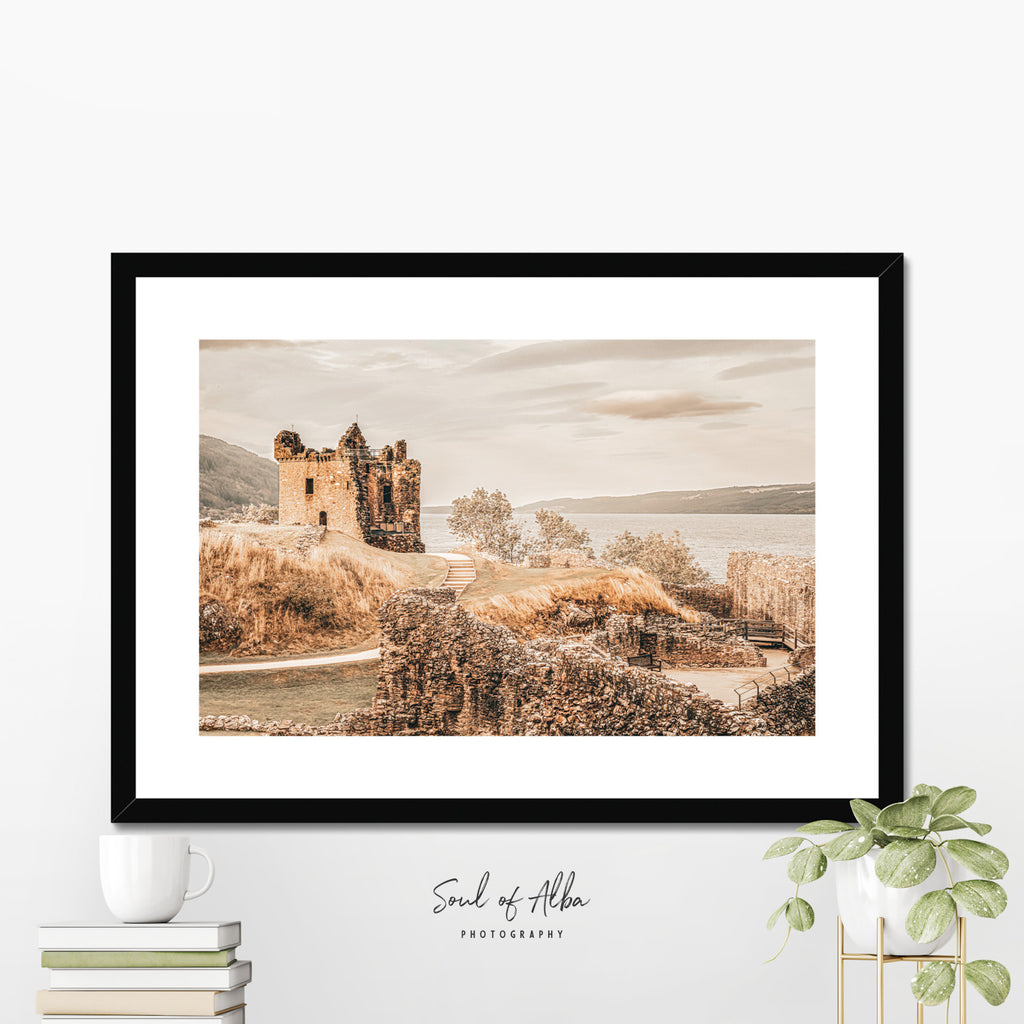 Framed fine art print of Urquhart Castle displayed in a contemporary interior