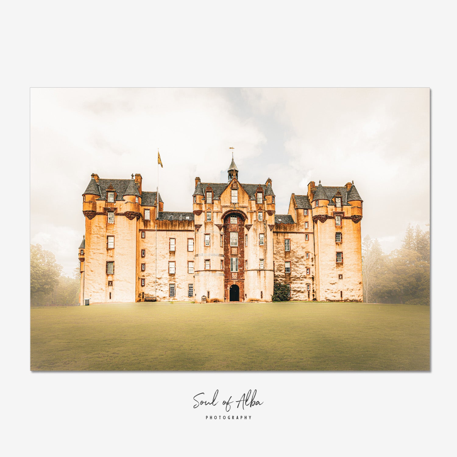 Fine Art Print of Fyvie Castle in Aberdeenshire, Scotland, featuring its iconic towers, sandstone façade, and historic Scottish architecture.