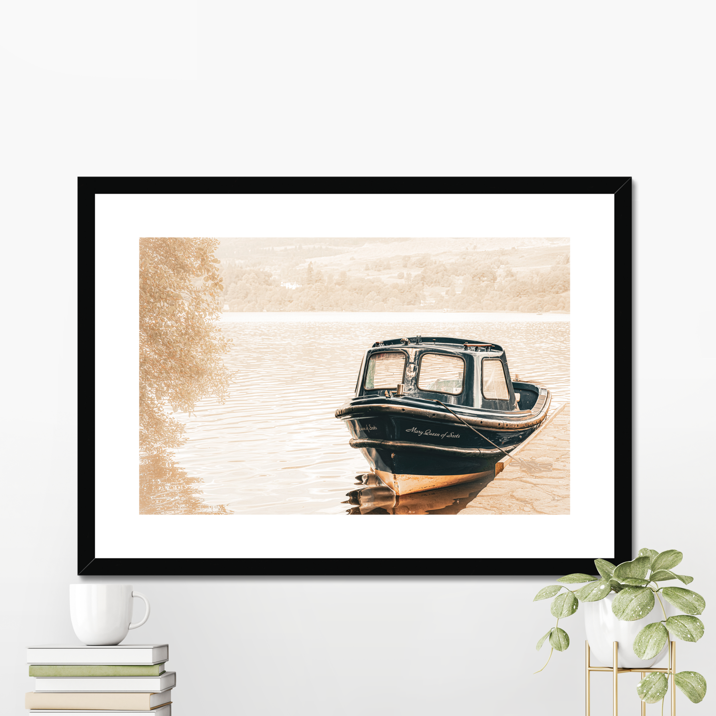 Framed Lake of Menteith boat wall art Scotland loch photography print