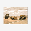 Fine art sepia-toned photograph of Leanach Cottage on Culloden Battlefield, featuring a traditional heather-thatched roof, stone walls, and a winding gravel path through the Highland moorland.