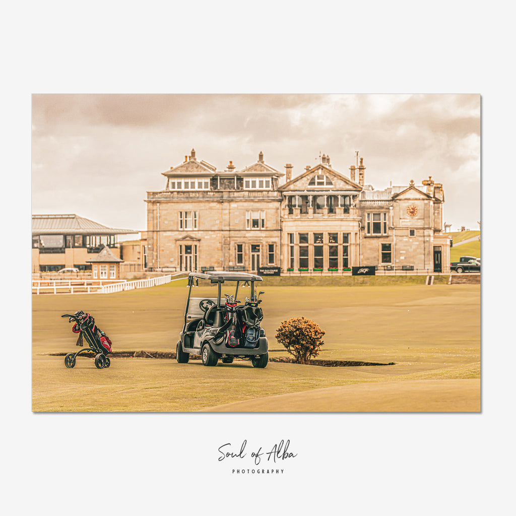 Fine art photograph of the Old Course Clubhouse overlooking the famous golf links at St Andrews, Scotland.