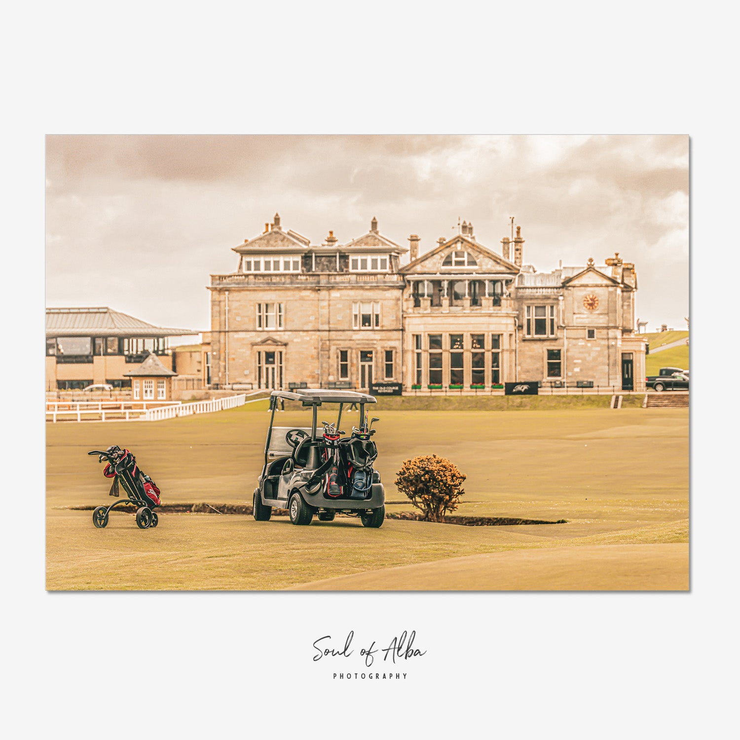 Fine art photograph of the Old Course Clubhouse overlooking the famous golf links at St Andrews, Scotland.