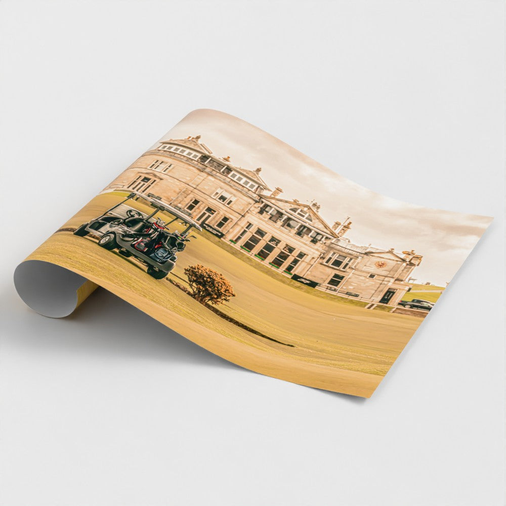 Rolled Fine art photograph of the Old Course Clubhouse overlooking the famous golf links at St Andrews, Scotland.