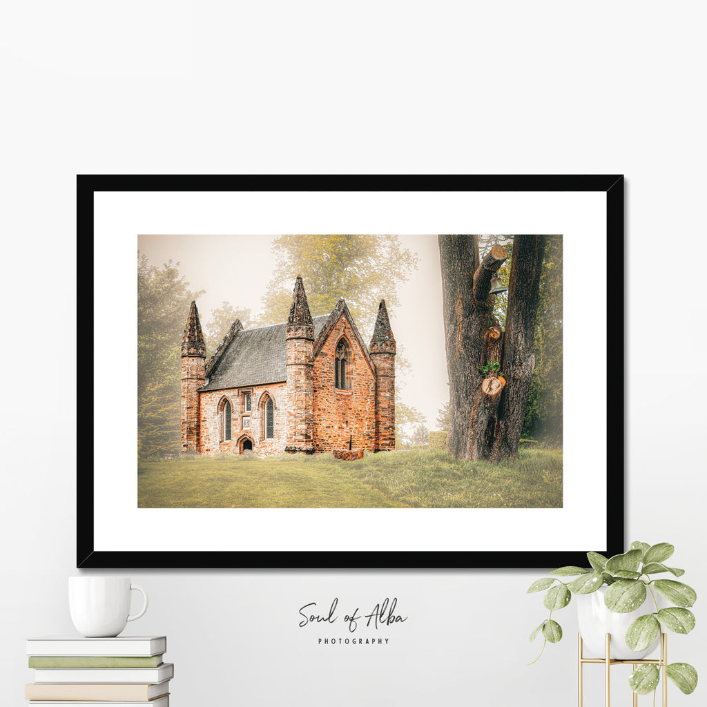 Framed fine art print of Scone Palace Chapel displayed in a modern interior, featuring the historic Gothic Revival chapel in Perthshire, Scotland.