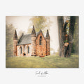 Fine art photograph of the historic chapel at Scone Palace in Perthshire, Scotland, showcasing its Gothic Revival architecture surrounded by mature trees.