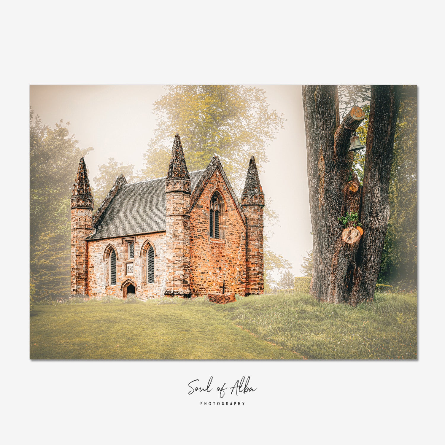 Fine art photograph of the historic chapel at Scone Palace in Perthshire, Scotland, showcasing its Gothic Revival architecture surrounded by mature trees.