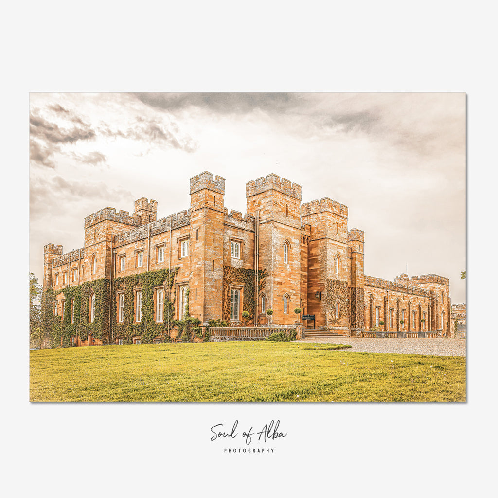 Fine art photograph of Scone Palace in Perthshire showing its historic sandstone façade and ivy-covered walls.