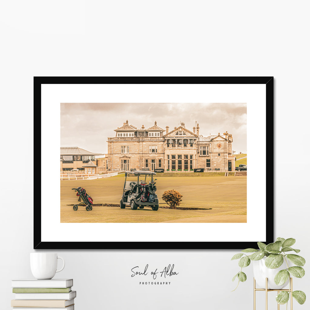 Fine art framed print of the Old Course Clubhouse overlooking the famous golf links at St Andrews, Scotland.