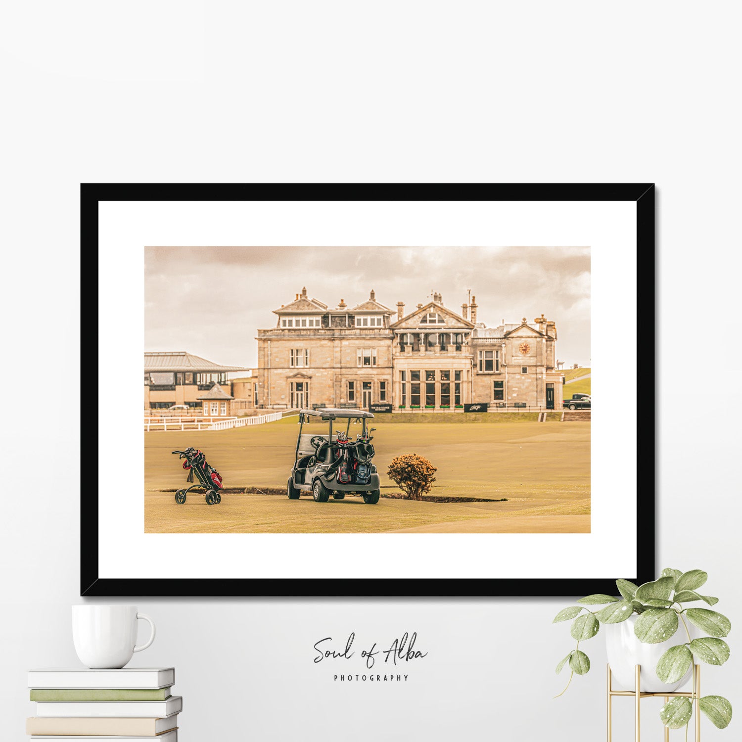 Fine art framed print of the Old Course Clubhouse overlooking the famous golf links at St Andrews, Scotland.