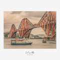 The iconic red Forth Bridge spanning the Firth of Forth in Scotland with a passenger boat passing beneath its steel cantilever structure.
